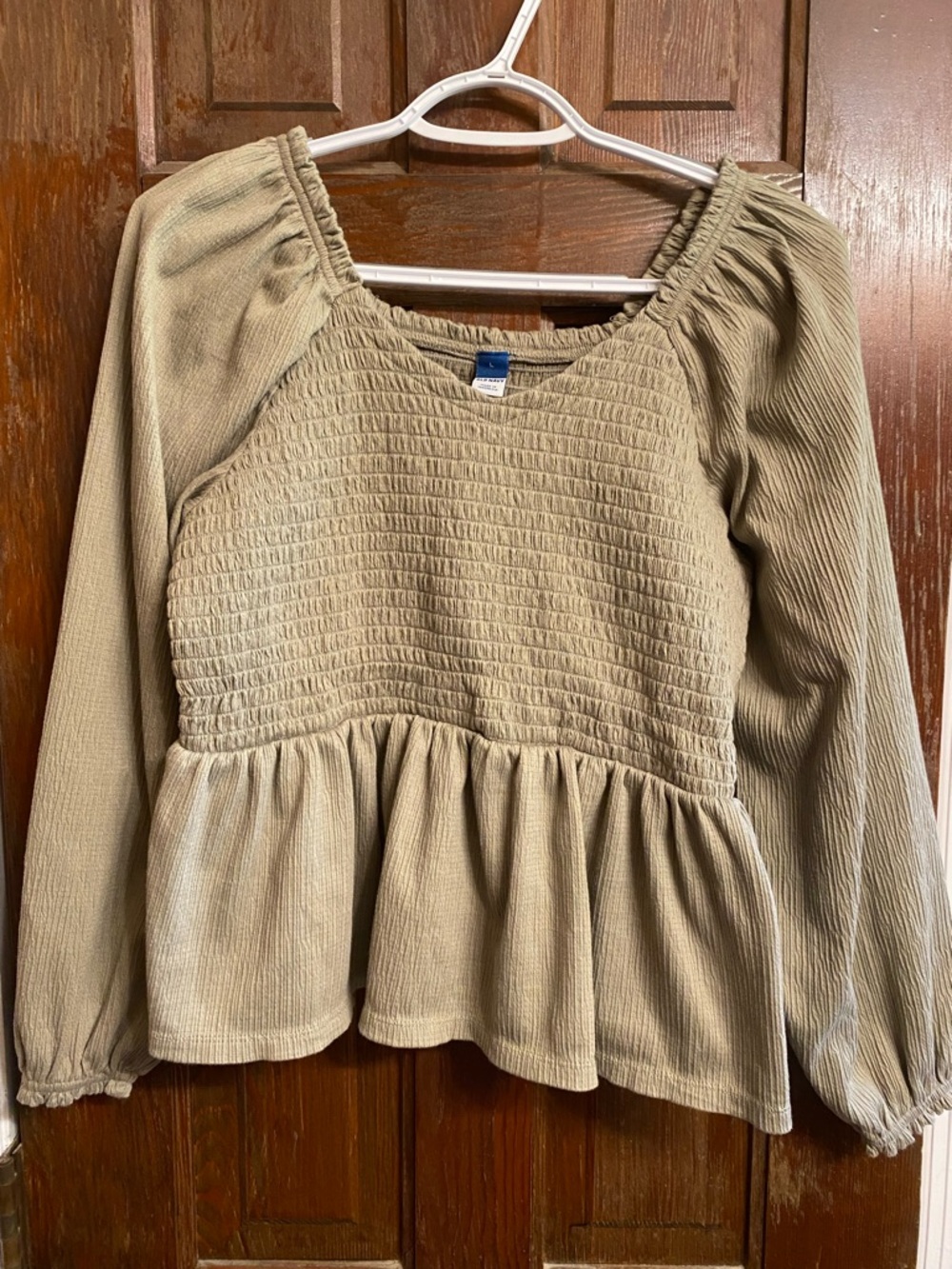 Old Navy Tan Smocked Peplum Long-Sleeve Blouse